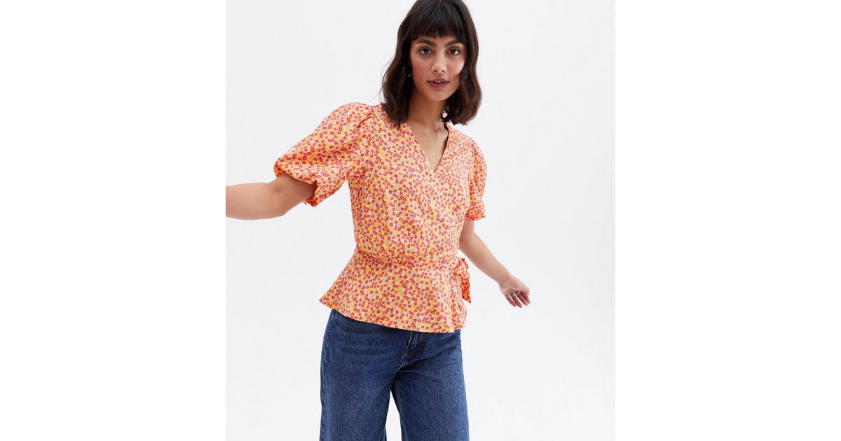 Pink Ditsy Floral Crepe Peplum Wrap Blouse New Look