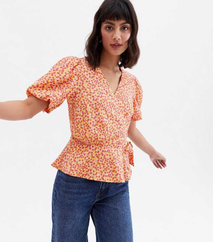 Pink Ditsy Floral Crepe Peplum Wrap Blouse