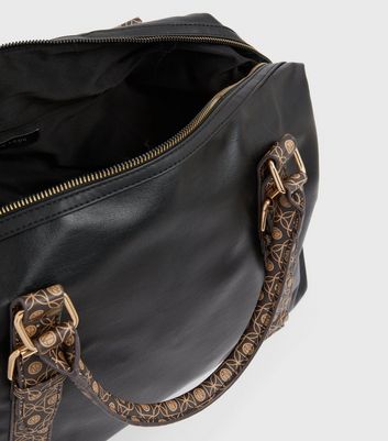 New Look Black Leather-Look Monogram Strap Weekend Bag
