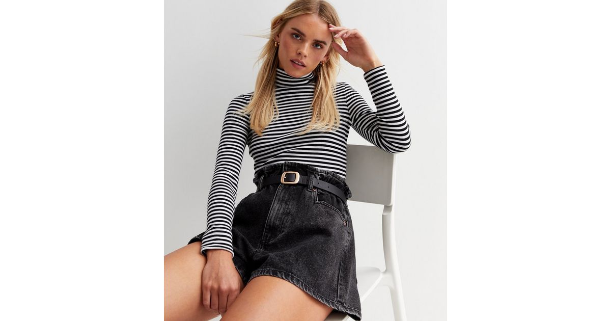 Petite Black Denim Paperbag Belted Shorts New Look