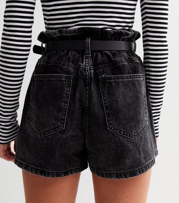 Petite Black Denim Paperbag Belted Shorts New Look