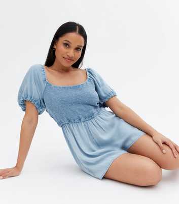 Petite Pale Blue Denim Shirred Square Neck Playsuit