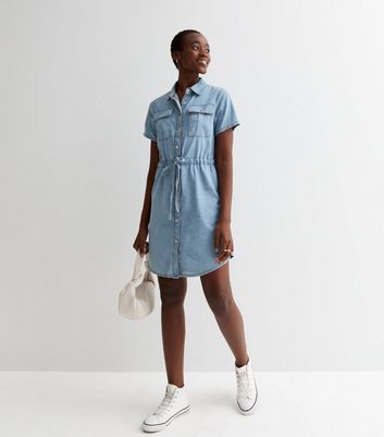 Tall Pale Blue Denim Tie Waist Mini Shirt Dress