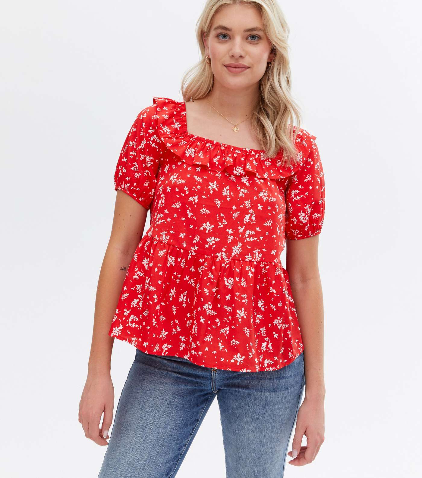 Tall Red Floral Crepe Frill Square Neck Peplum Blouse Image 2