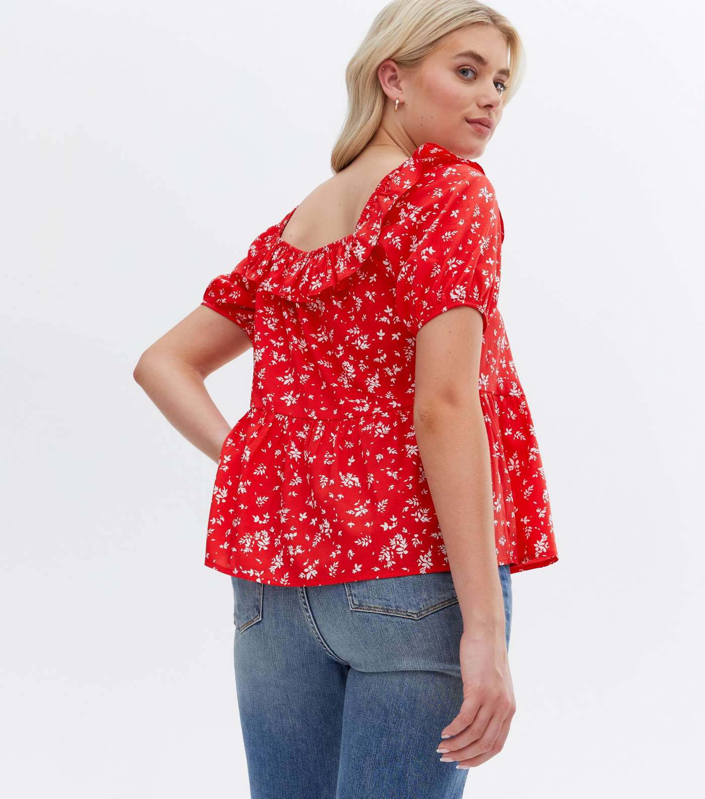 Tall Red Floral Crepe Frill Square Neck Peplum Blouse Image 4