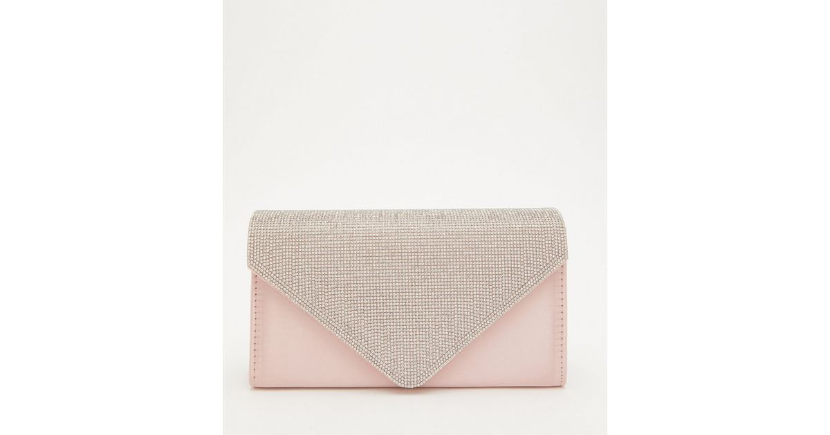 QUIZ Pink Satin Diamanté Clutch Bag New Look