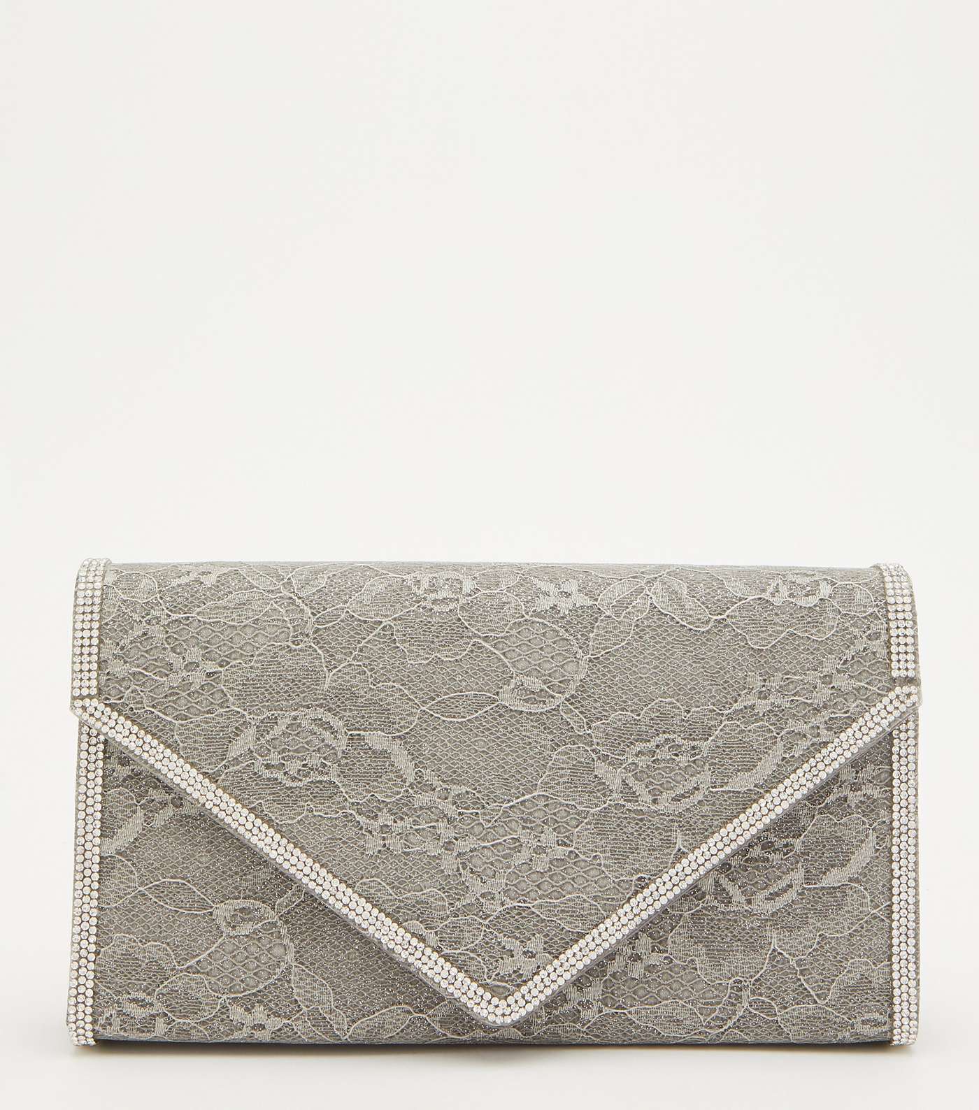 QUIZ Grey Lace Diamanté Clutch Bag