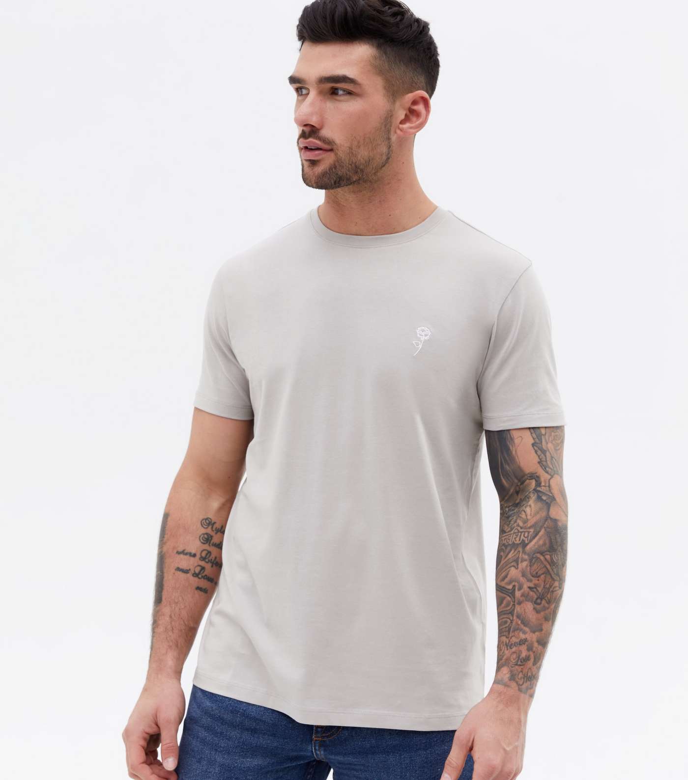 Pale Grey Rose Embroidered Short Sleeve T-Shirt