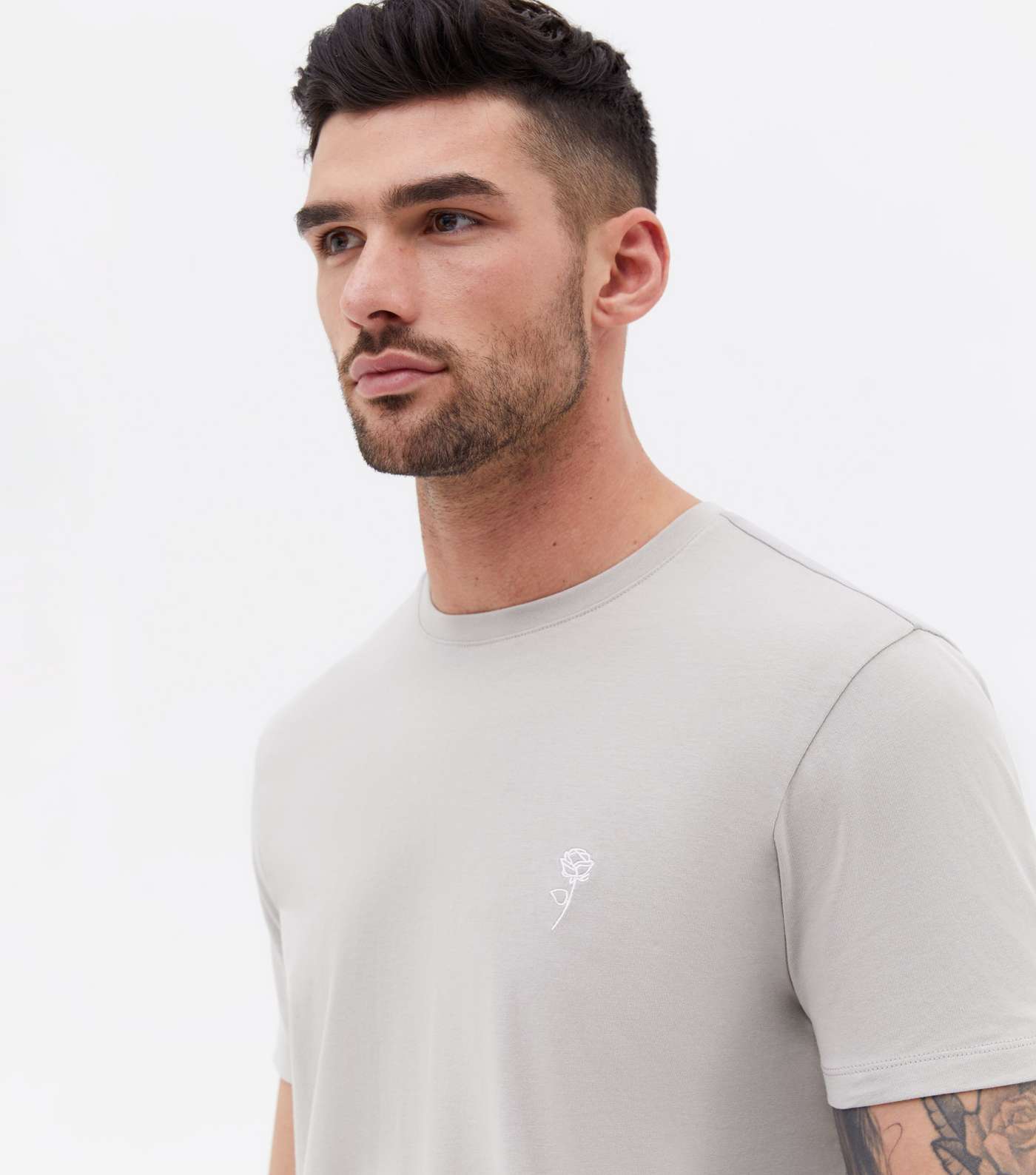 Pale Grey Rose Embroidered Short Sleeve T-Shirt Image 3