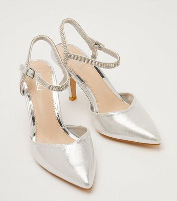 shop for QUIZ Silver Metallic Diamanté Pointed Court Shoes New Look at Shopo