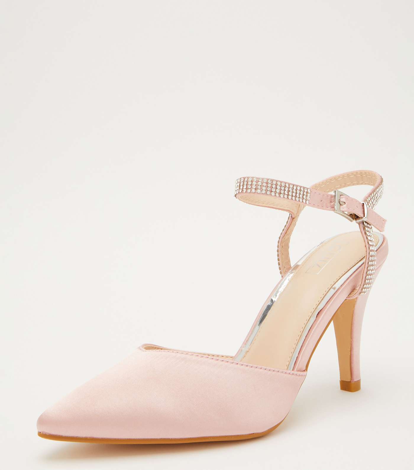 QUIZ Pink Satin Diamanté Pointed Court Shoes Image 3
