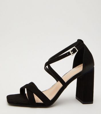 QUIZ Black Suedette Cross Strap Block Heel Sandals | New Look