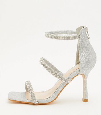 quiz silver diamante mid heel sandals
