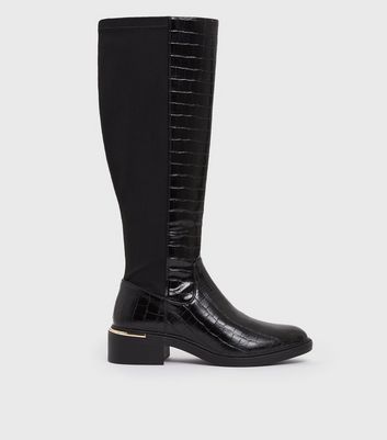 Black Faux Croc Metal Trim Riding Boots New Look