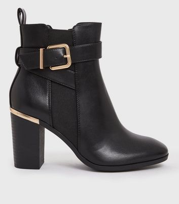 Black Buckle Block Heel Ankle Boots