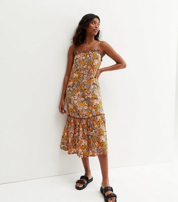 Orange Floral Strappy Tiered Midi Dress 
