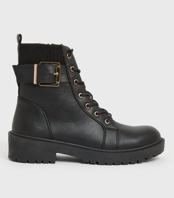 Black Buckle Lace Up Chunky Biker Boots | New Look