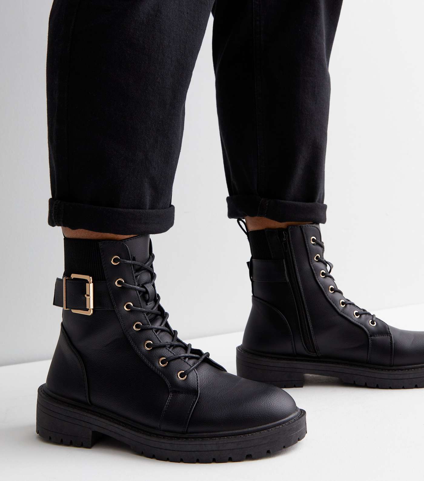 Black Buckle Lace Up Chunky Biker Boots Image 2