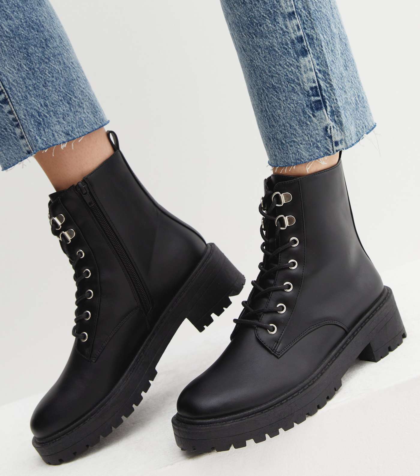 Black Lace Up Chunky Biker Boots Image 2