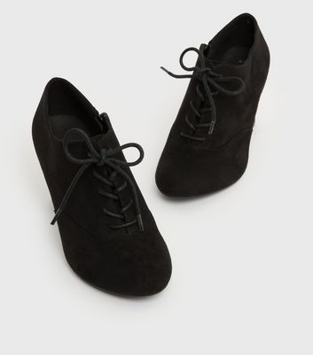 Wide Fit Black Suedette Lace Up Block Heel Shoe Boots