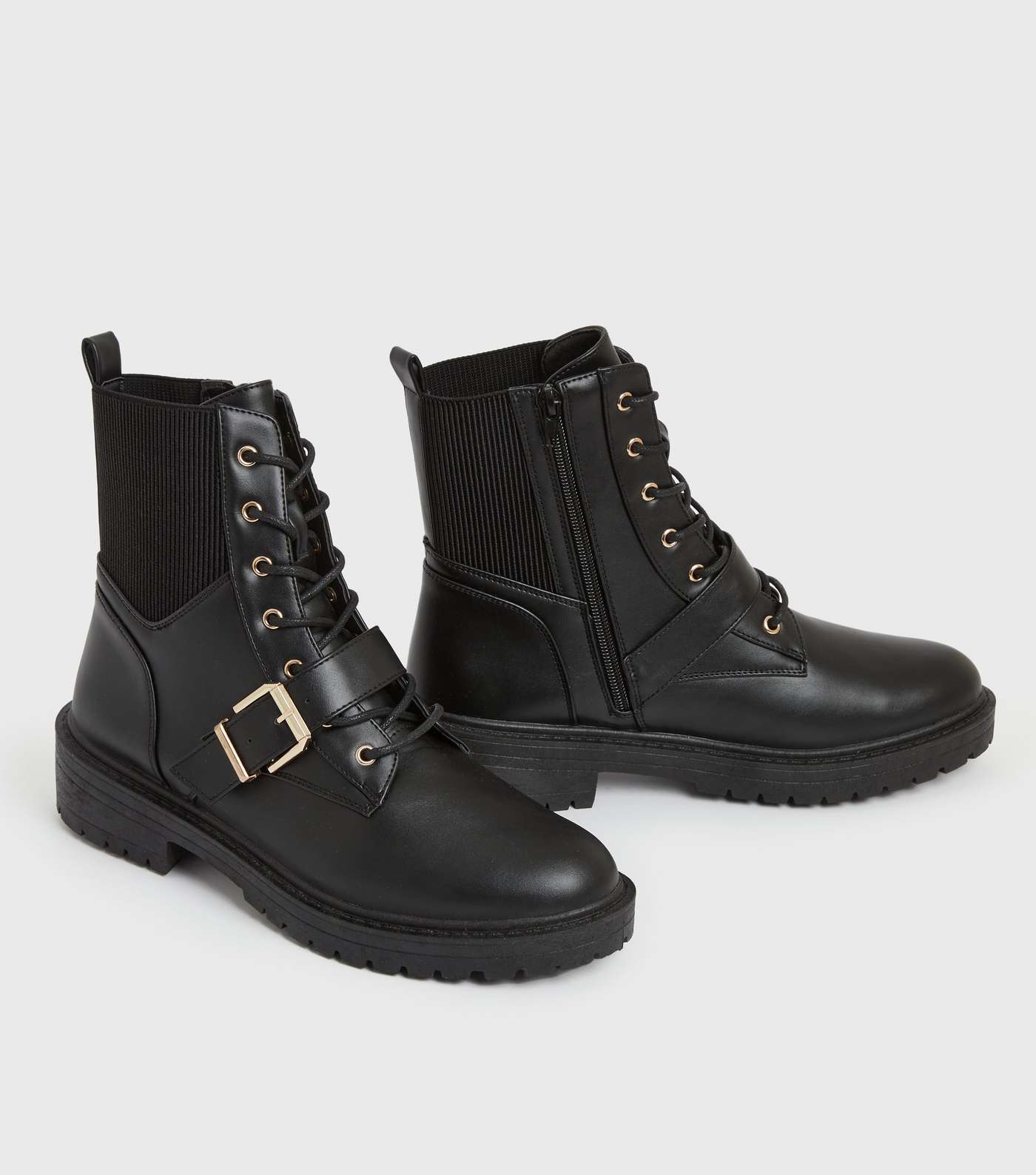 Wide Fit Black Buckle Chunky Biker Boots Image 3