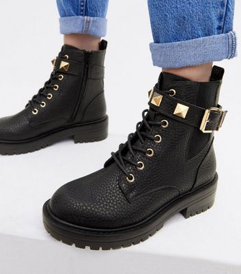 new look studded chunky biker boot in black