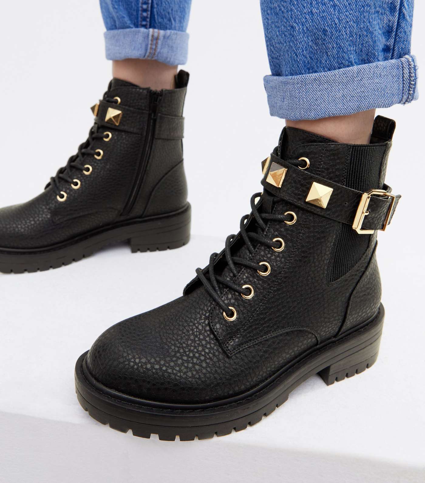 Wide Fit Black Studded Chunky Biker Boots Image 2