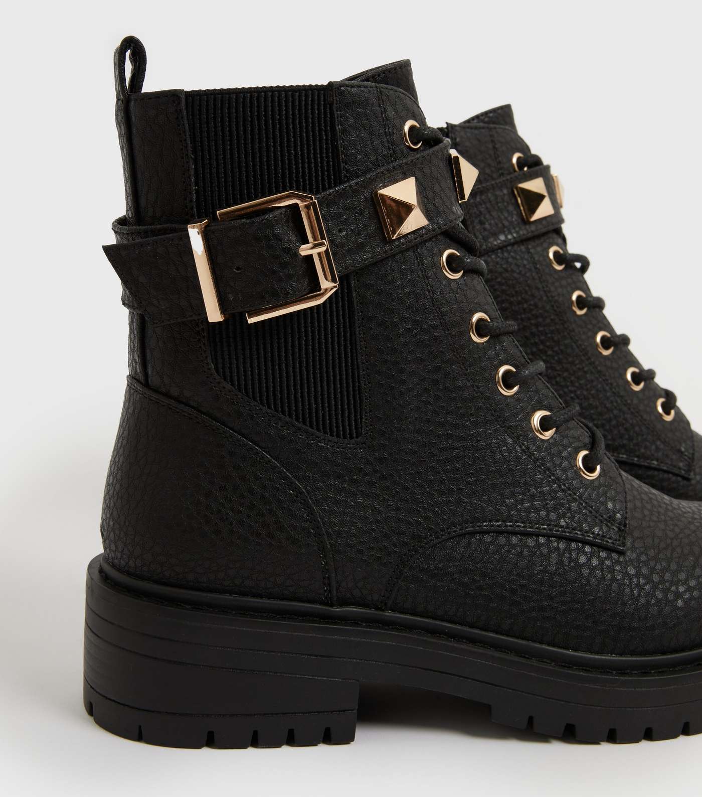 Wide Fit Black Studded Chunky Biker Boots Image 4