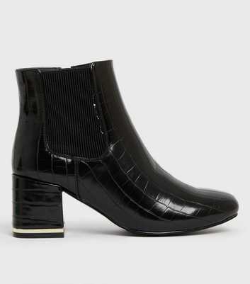 Black Faux Croc Block Heel Ankle Boots