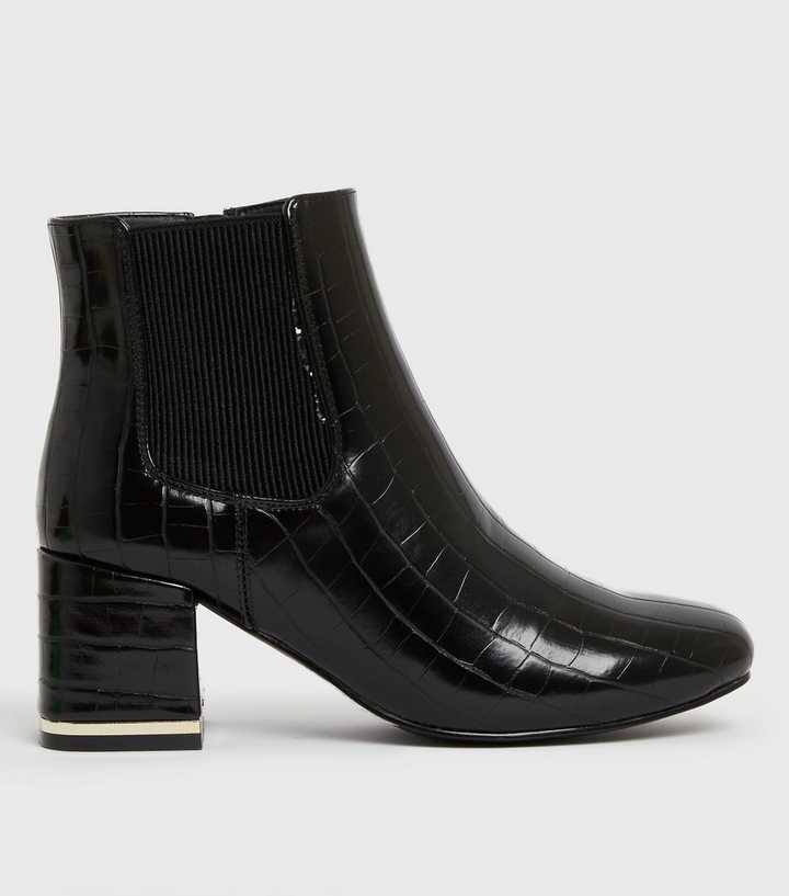 Leather New Look Croc Ankle Boots Black Faux Croc Block Heel Ankle