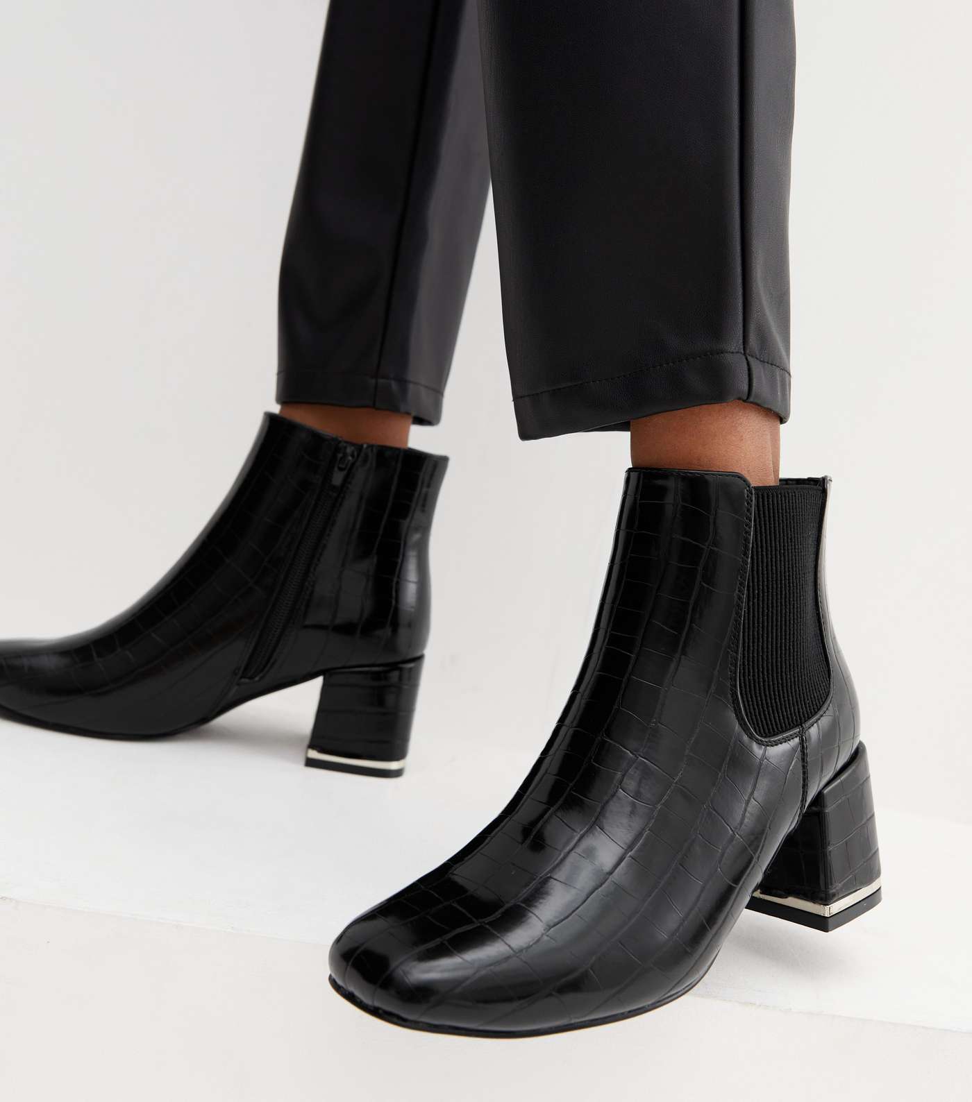 Black Faux Croc Block Heel Ankle Boots Image 2