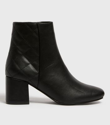 Black Quilted Leather-Look Block Heel Ankle Boots | New Look