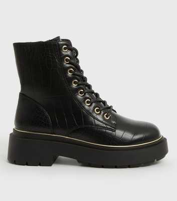 Black Faux Croc Chunky Lace Up Boots