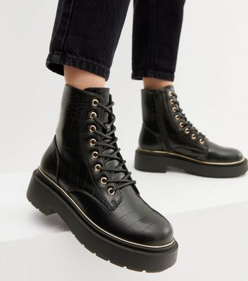 New look lace up shop flat boots in black croc