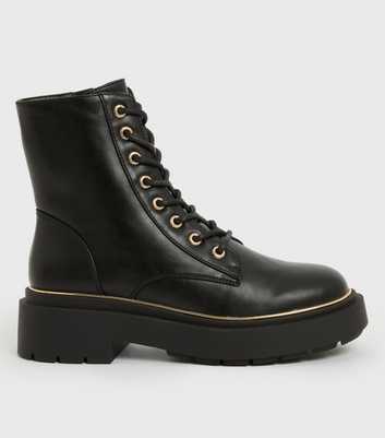 Black Leather-Look Metal Trim Lace Up Chunky Boots