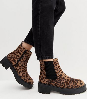 Brown Leopard Print Suedette Chunky Chelsea Boots New Look