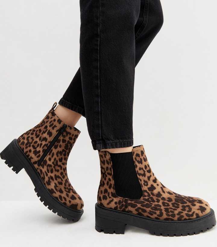 hvis Slid Lykkelig Brown Leopard Print Suedette Chunky Chelsea Boots | New Look