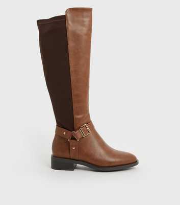 Wide Fit Tan Buckle High Leg Boots