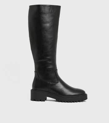 Black Leather-Look Knee High Chunky Boots