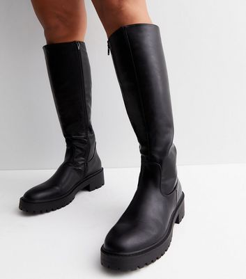 Black Leather-Look Knee High Chunky Boots | New Look