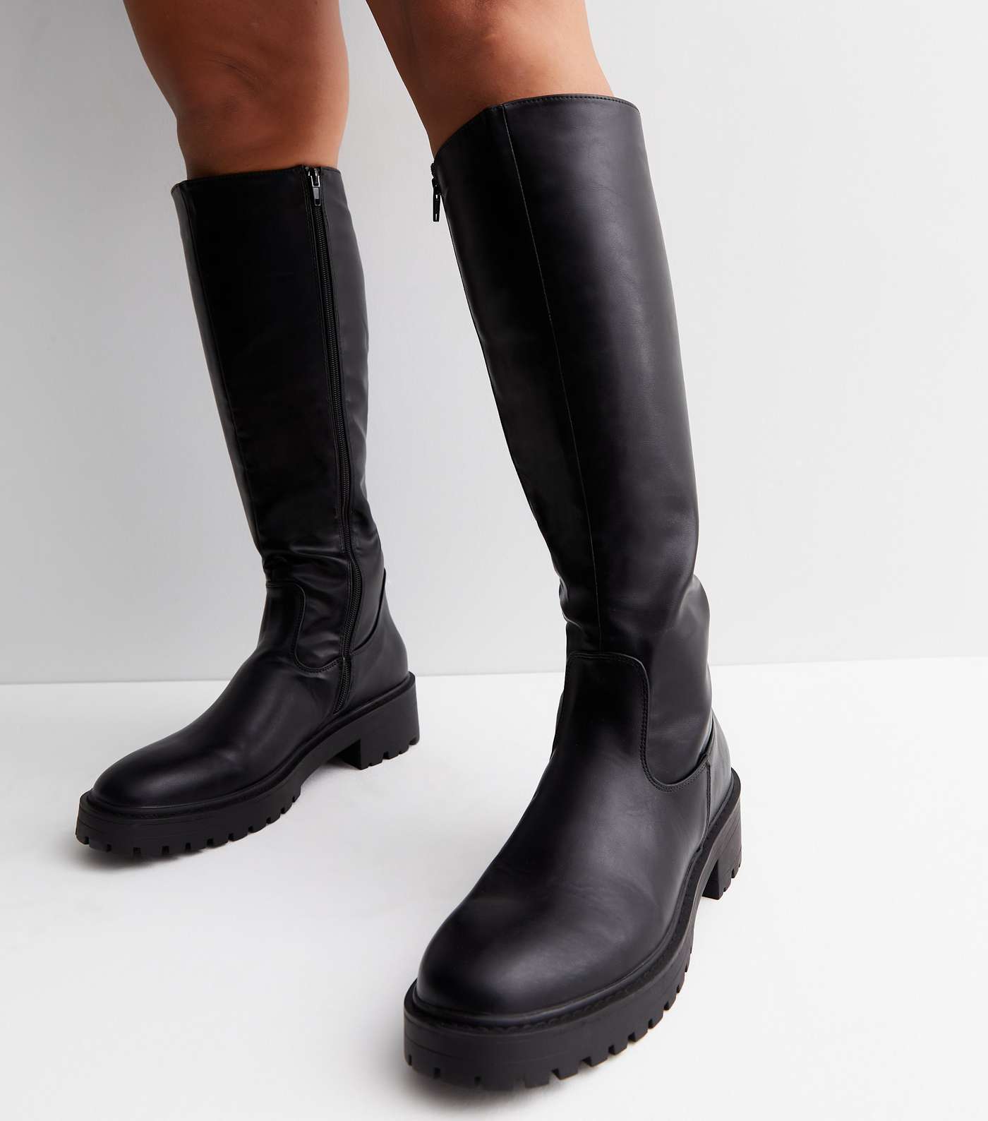 Black Leather-Look Knee High Chunky Boots Image 2