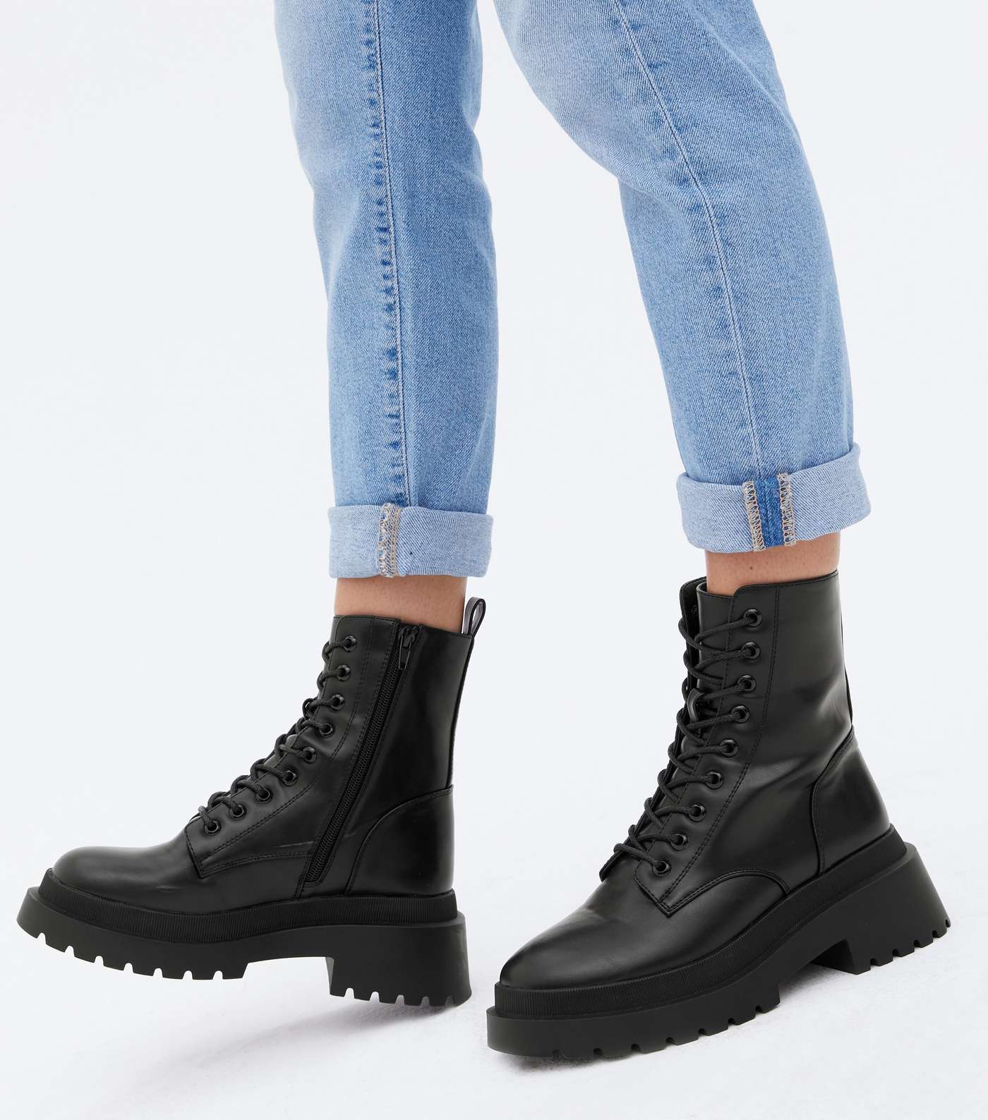 Black Lace Up Chunky Cleated Biker Boots Image 2