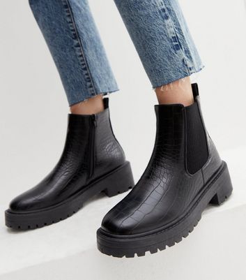 Black Faux Croc Chunky Cleated Chelsea Boots New Look