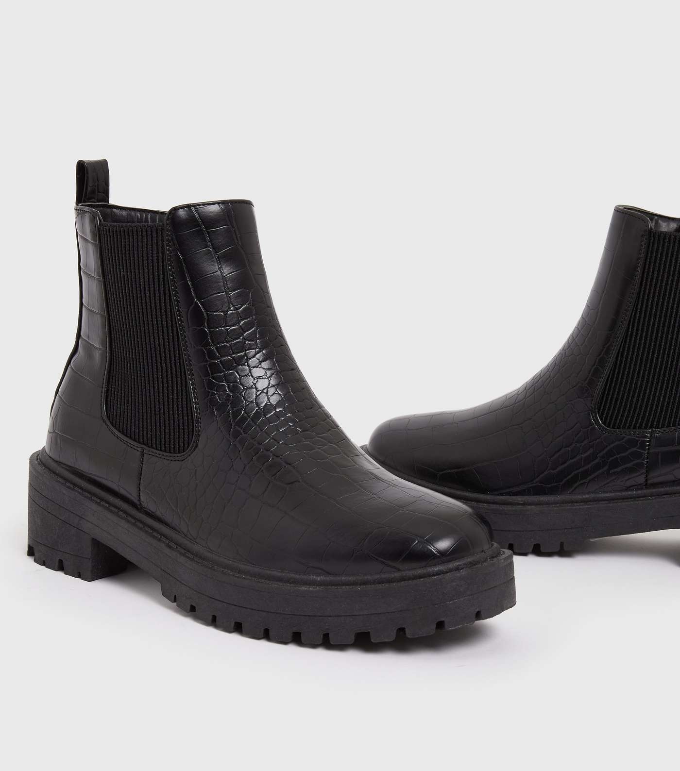 Black Faux Croc Chunky Cleated Chelsea Boots Image 3