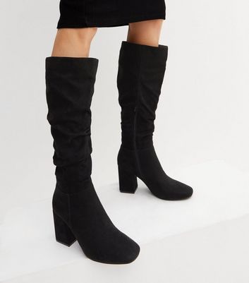 Black Suedette Slouch Knee High Block Heel Boots | New Look