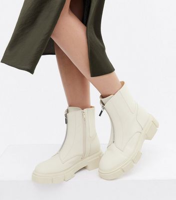 Off White Zip Up Chunky Cleated Ankle Boots