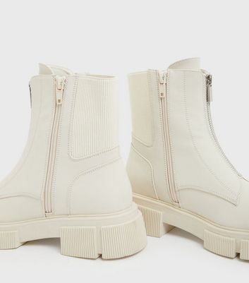 Off White Zip Up Chunky Cleated Ankle Boots | New Look