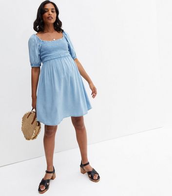 MAMA Ruffle-trimmed Denim Dress - Denim blue - Ladies | H&M US