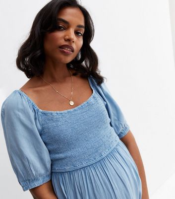 Maternity Pale Blue Denim Shirred Puff Sleeve Mini Dress | New Look