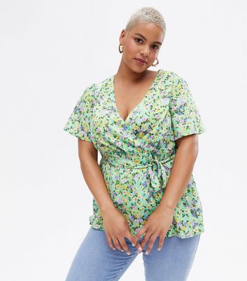 Curves Green Floral Crepe Wrap Top 